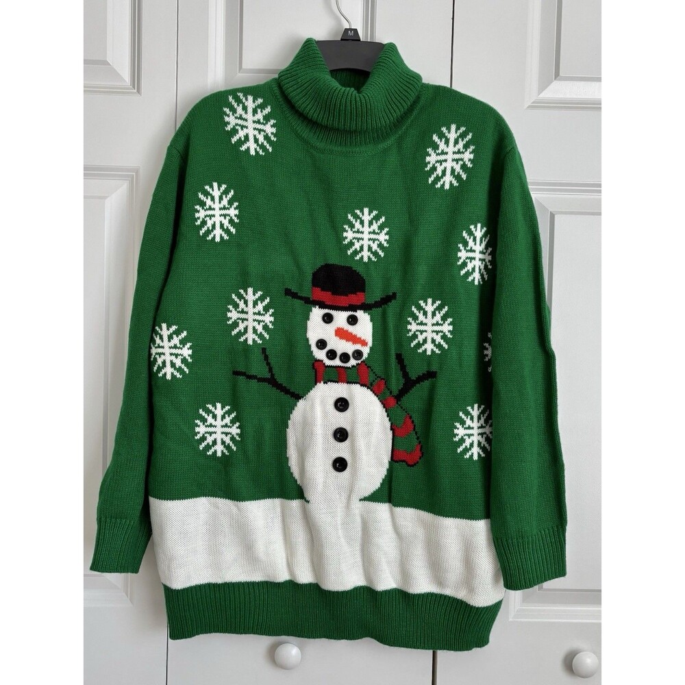 Ugly Christmas Sweater Women's Size 1X Green Snowman Turtleneck Pullover Knit - Picture 2 of 8
